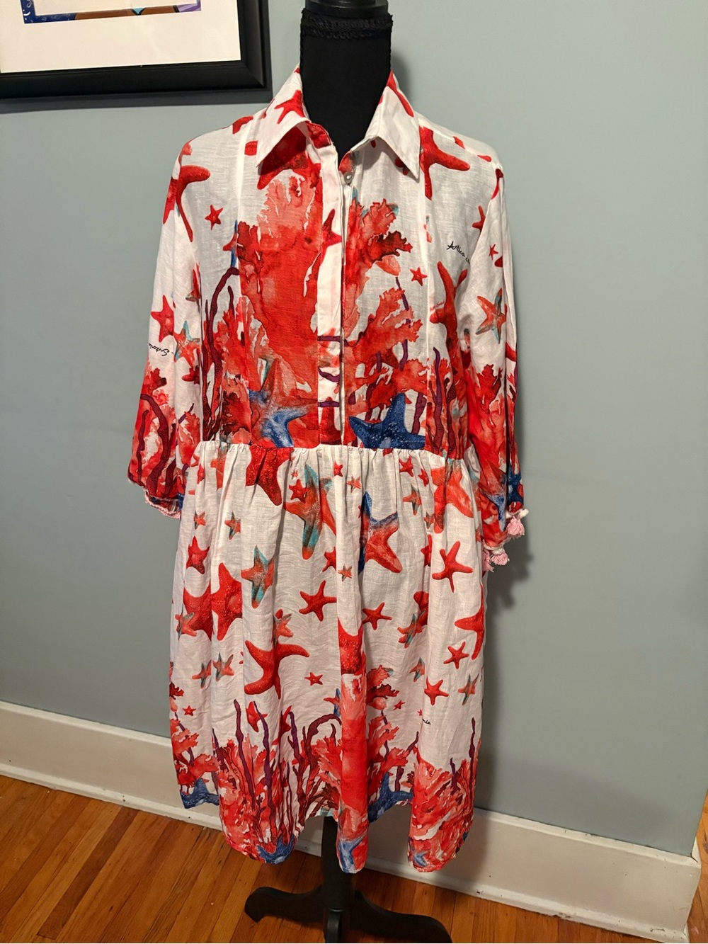 ANTICA SARTORIA 2024 RED & WHITE STARFISH AND CORAL 4 BUTTON DRESS S/M NWT